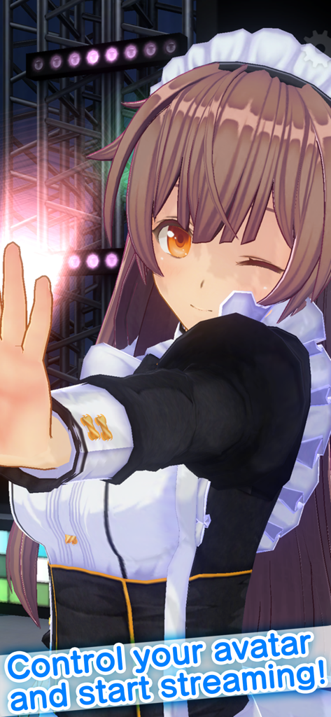 An anime style 3D avatar winking in a maid outfit for live streaming