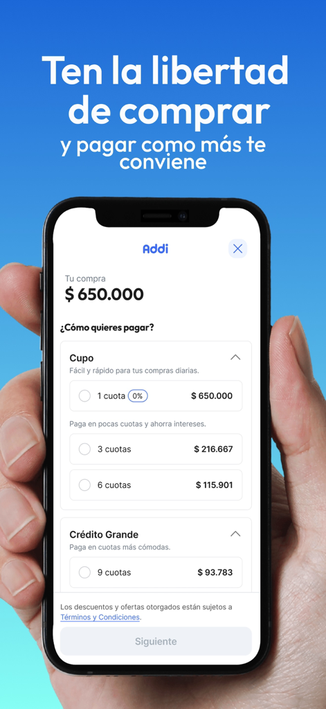Mobile screen showing flexible payment options and installments in the Addi Shop app