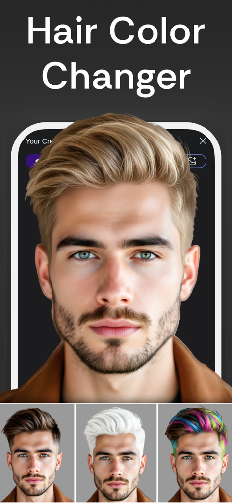 Hair Type: AI Hairstyle Try On - AI hair color changer feature for men displaying blonde white and rainbow hair options