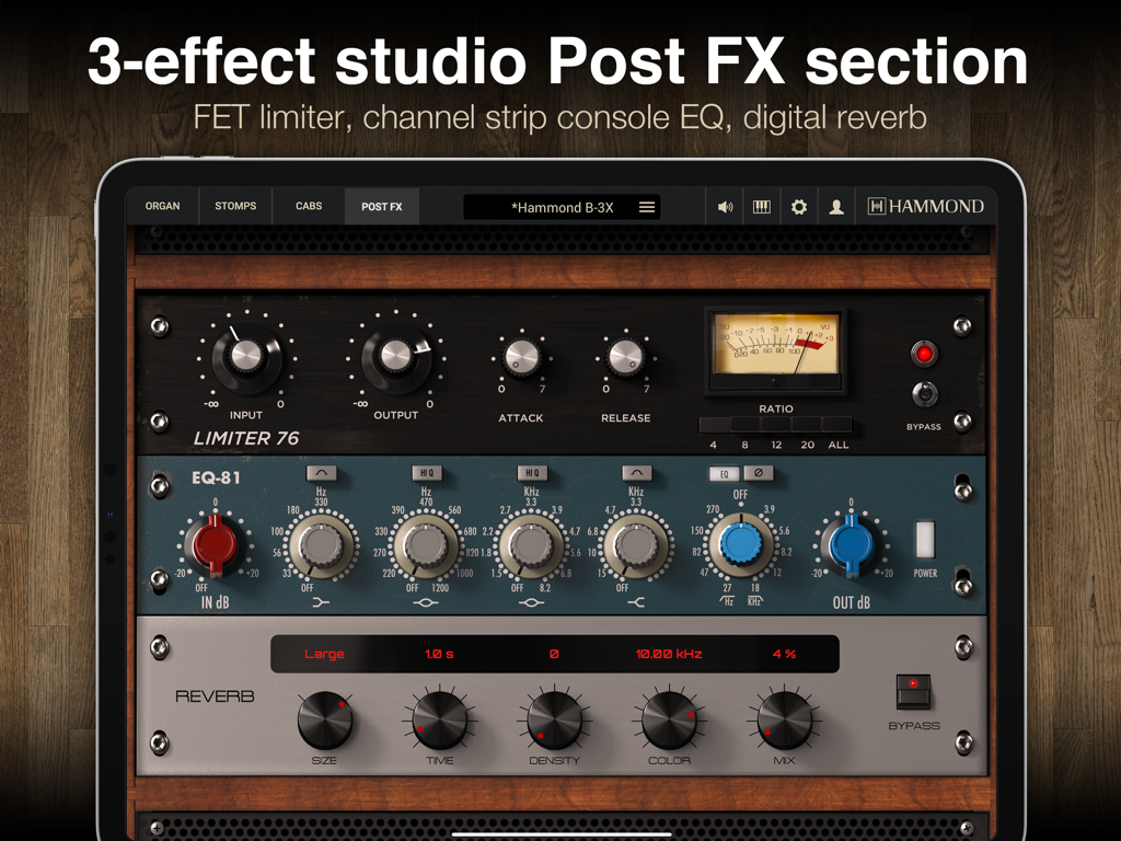Sección Post FX de la aplicación Hammond B-3X mostrando limitador FET, ecualizador de consola y reverberación digital.