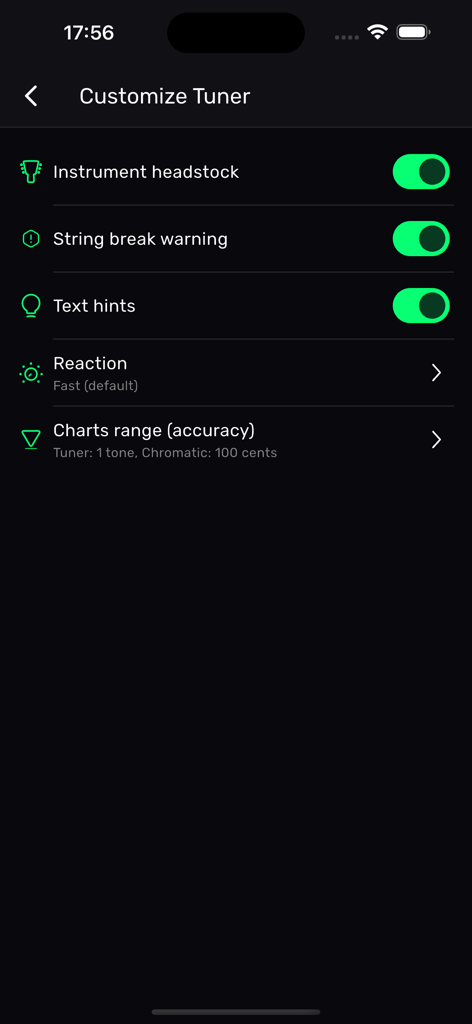 XTuner PRO - Customize tuner settings menu in the XTuner PRO app showing instrument headstock and string break warning options