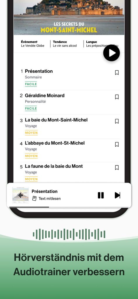 Interface de l'application Écoute montrant l'audiotrainer français et les chapitres de leçons sur le Mont Saint Michel