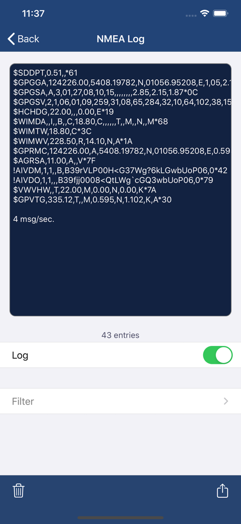 NMEAconnect - Capture d'écran de l'application NMEAconnect affichant les trames de données marines NMEA brutes dans le visualiseur de journal.