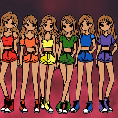 a group of girls wearing crop tops and shorts
