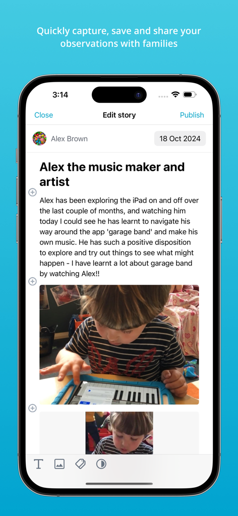 Storypark for Educators - Storypark for Educators app screen showing the process of editing a child's learning story with text and photos