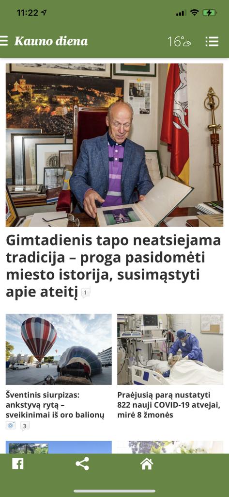 Kauno diena mobile app homepage showing various news articles in Lithuanian