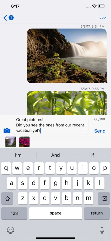GV Connect app on iPhone showing a text conversation with photo messages and an iMessage like interface.