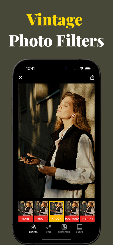 Aesthetic Photo Editor - Feyza - Feyza app interface showing vintage photo filters and film presets applied to a portrait