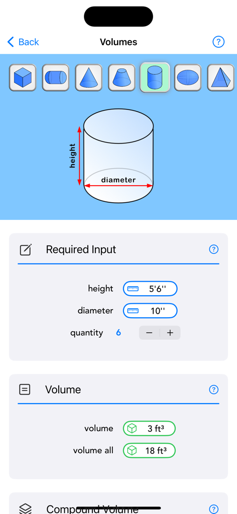 Construction Calc - Construction Calc app interface showing a cylinder volume calculation with height and diameter inputs in feet and inches.