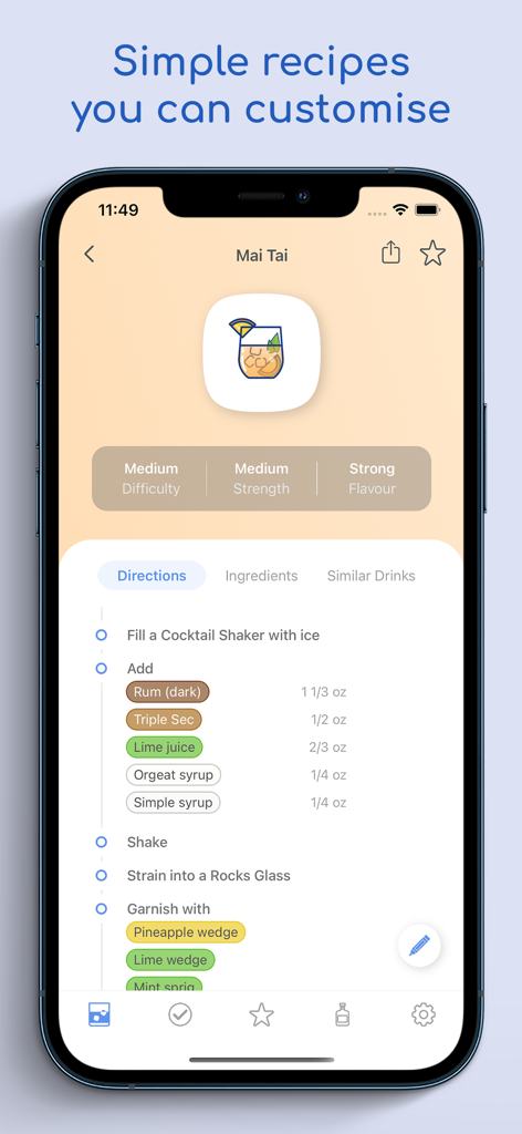 Schermata del telefono che mostra la ricetta del cocktail Mai Tai con istruzioni e misurazioni degli ingredienti nell'app FreeFlow.