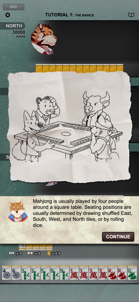 Kemono Mahjong tutorial screen explaining game rules with anthropomorphic animal illustrations