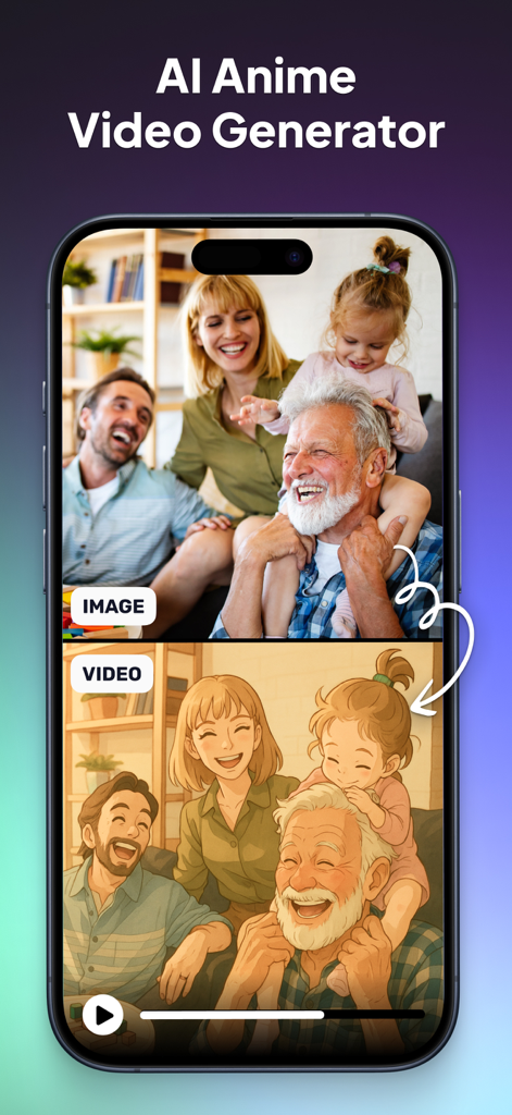 AI Photo Generator: FaceOff - Interfaz de la app FaceOff mostrando una foto familiar transformada al estilo de video anime.