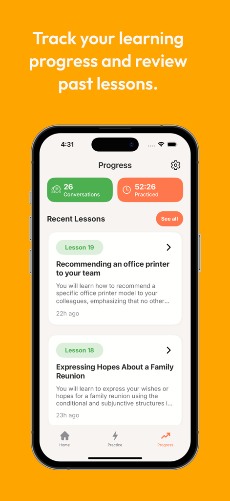 Jojo AI: Language Tutor - Jojo AI app progress dashboard showing total conversations, time practiced, and recent language lessons