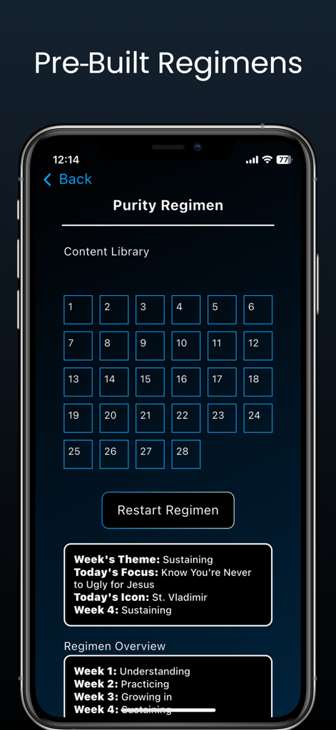 Saint Steps app Purity Regimen 28-day habit tracker