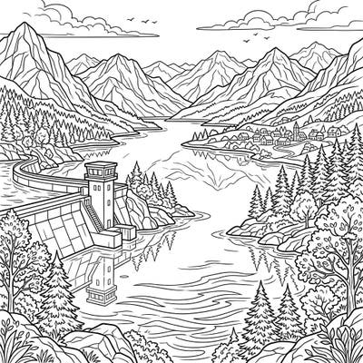 Immerse yourself in the tranquility of this stunning artificial lake coloring page, featuring majestic mountains, dense forests, and a prominent dam structure. Discover the serene beauty of a man-made marvel, complete with a charming village nestled along its shores, ready for your artistic touch.