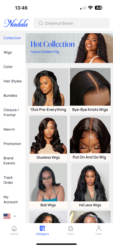 Nadula Wig - Nadula Wig app category screen featuring various human hair wig styles like glueless and HD lace