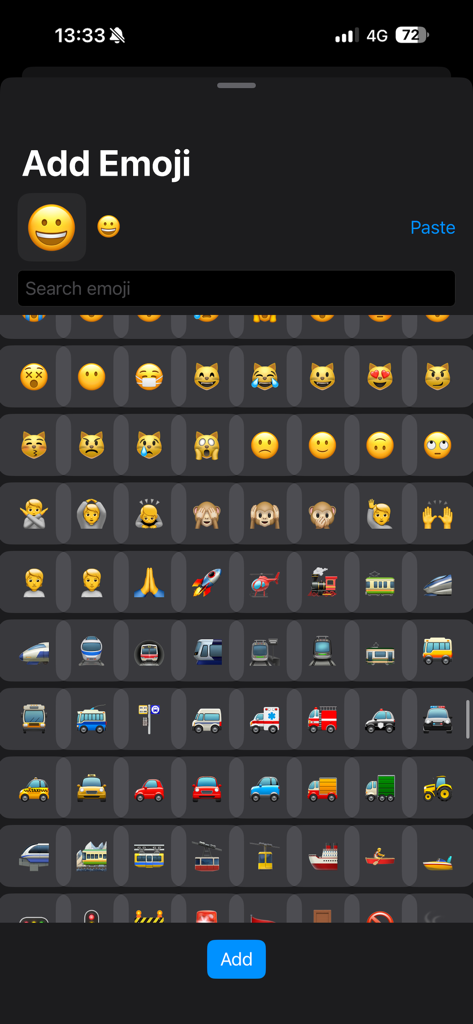 Emoji selection interface in Genmoji Studio Canvas showing a grid of various icons and a search bar.