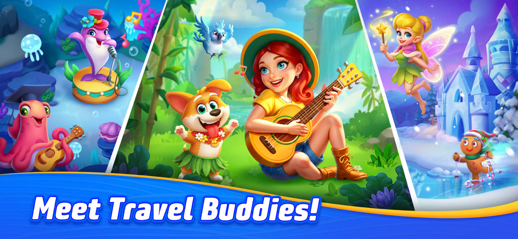Claire playing guitar with Lucky the dog and other magical travel companions in Solitaire TriPeaks Journey