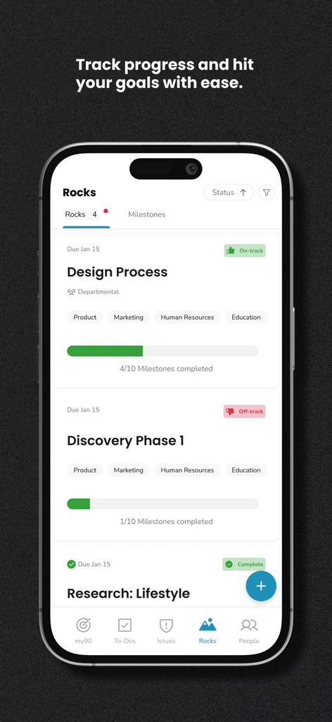 Capture d'écran de l'application Ninety montrant la section Rocks pour le suivi des objectifs commerciaux prioritaires et des jalons de projet.
