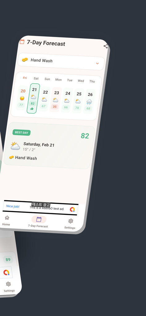 Washy -  Car Wash Weather - Washy app screenshot showing the 7 day car wash forecast and identifying the best day for a hand wash based on weather scores