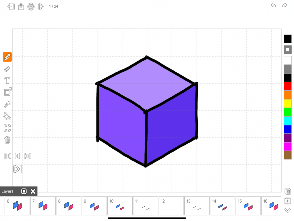 Animator Plus - Animator Plus interface showing a purple cube drawing with a frame by frame animation timeline