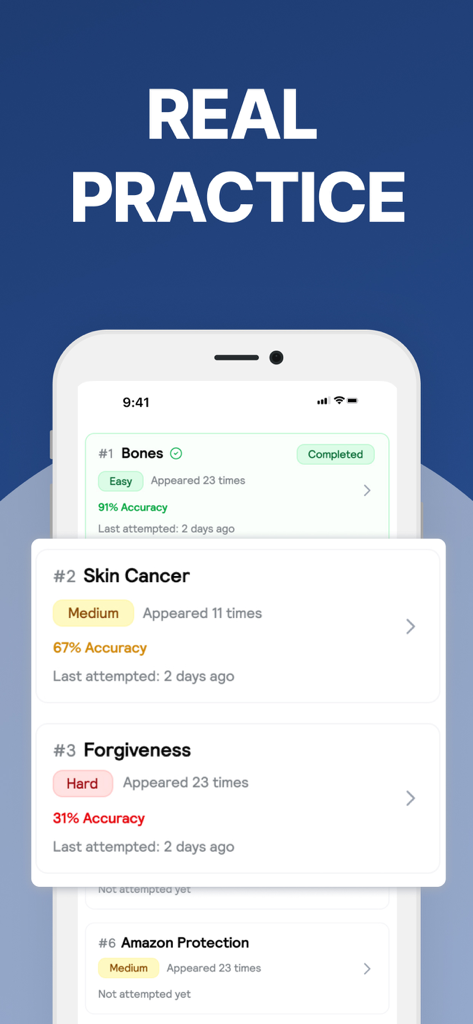 A list of PTE exam practice questions with difficulty ratings and accuracy scores