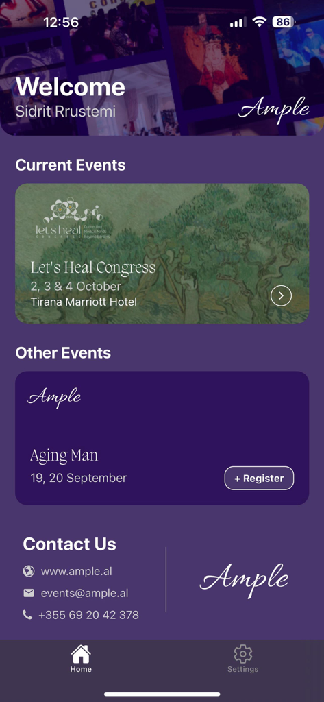Ample 2.0 - Écran d'accueil de l'application Ample 2.0 affichant les conférences médicales actuelles et à venir avec une option d'inscription.