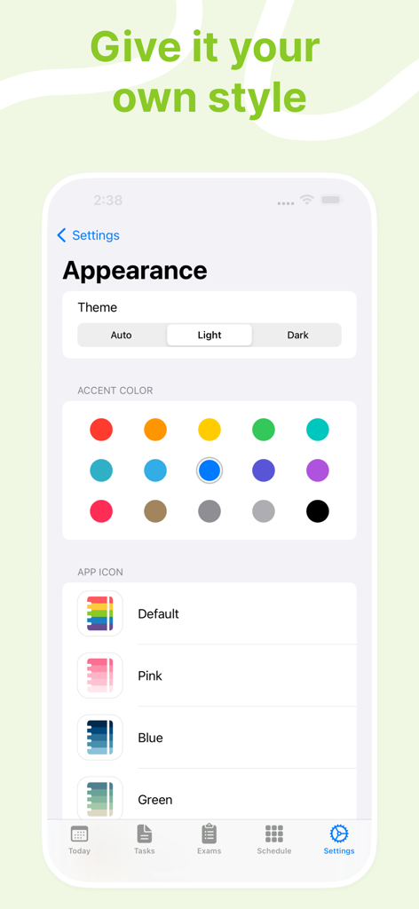 InClass - School Planner - Screenshot of the InClass School Planner appearance settings screen showing options for themes accent colors and app icons