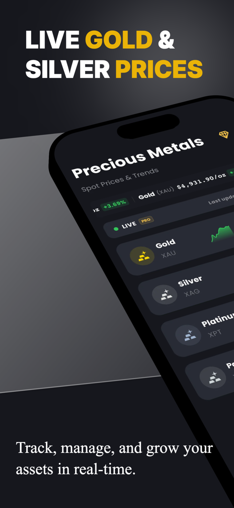 Gold Price Tracker: MetalFolio - MetalFolio app interface showing live gold and silver spot prices with real time market trends on a smartphone
