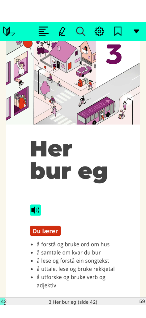Unibok - Screenshot of a digital textbook page in the Unibok educational app with a lesson on housing.