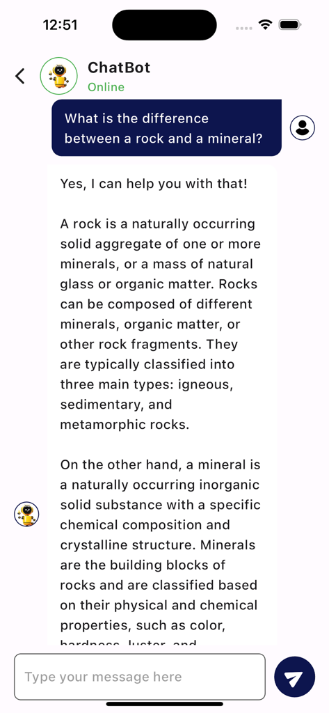 Rock Identifier - Stone ID - Rock Identifier app chatbot answering a question about the difference between rocks and minerals