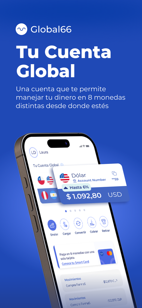 Interface de l'application mobile Global66 montrant un compte multidevises avec solde en dollars américains et taux d'intérêt.