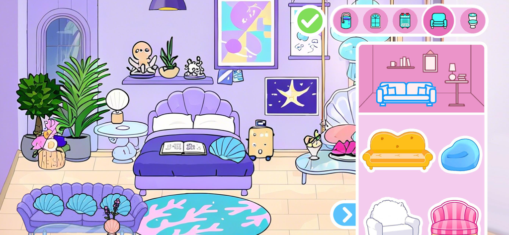 Princess Avatar Maker World - Decorando una habitación de color púrpura con temática de conchas en Princess Avatar Maker World