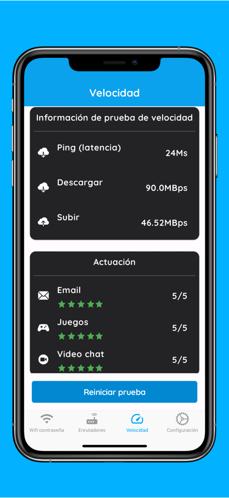 Mobile app interface showing internet speed test results including ping, download, and upload speeds.