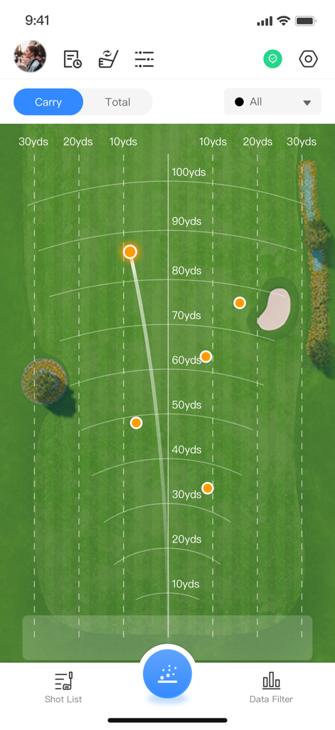 Golfjoy Space - Golfjoy Space app interface showing golf ball flight paths and distance tracking on a range map