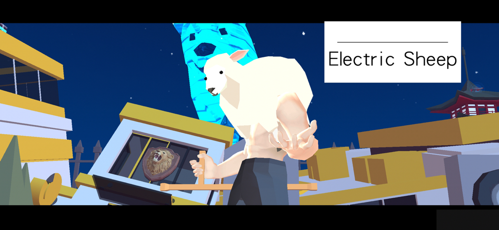 A muscular character with a sheep head named Electric Sheep in the DEEEER Simulator game world.