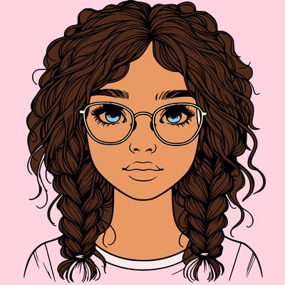 realistic girl with glasses and frizzy hair in braids