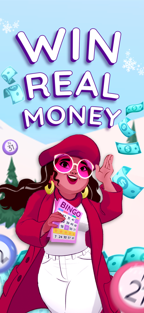 Blackout Bingo game character Chelsea holding a bingo card with falling cash and win real money text