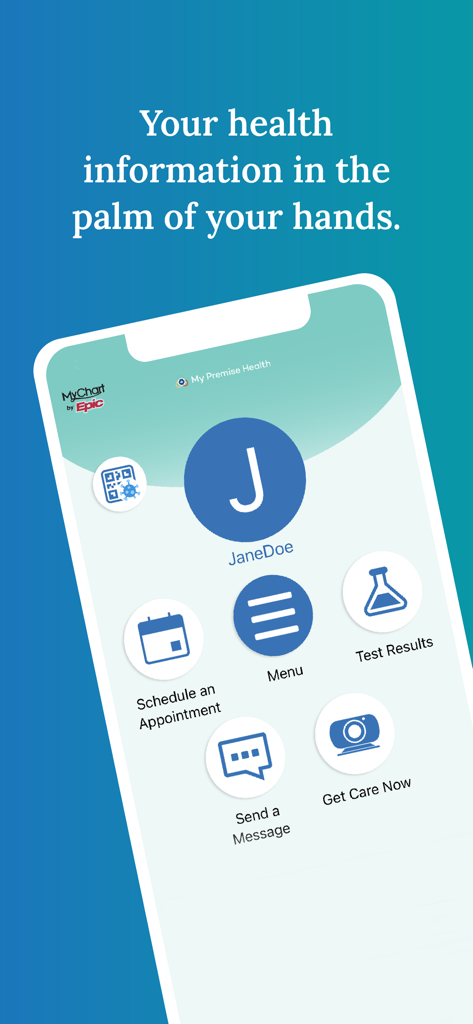 My Premise Health app home screen showing health management features like scheduling and test results