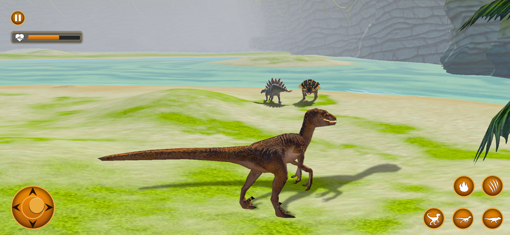 Jurrassic Dinosaur Games - Un raptor en un paisaje prehistórico con otros dinosaurios al fondo de Jurassic Dinosaur Games.