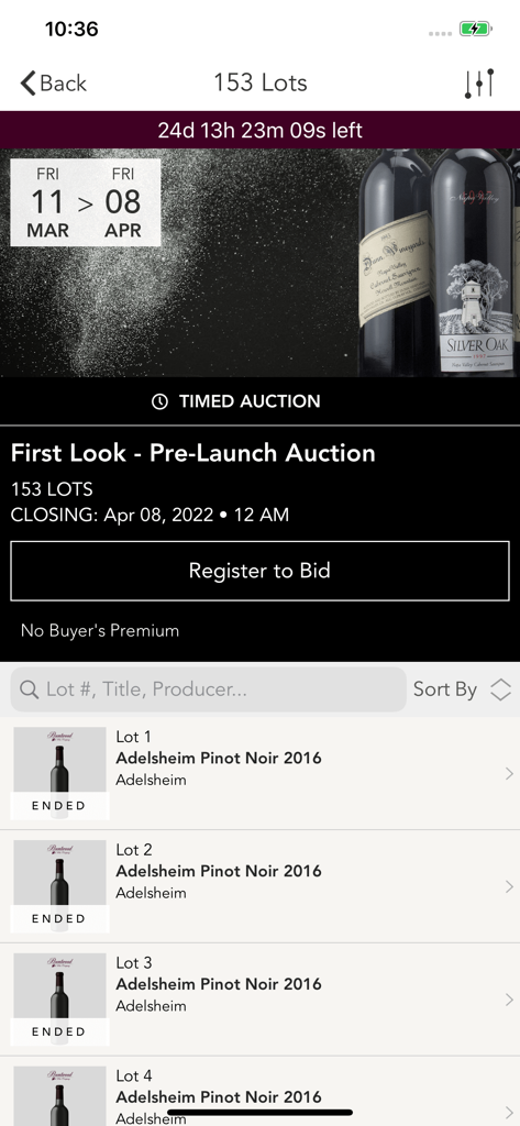 The Brentwood Wine app interface displaying a timed auction with wine bottle listings and a countdown timer