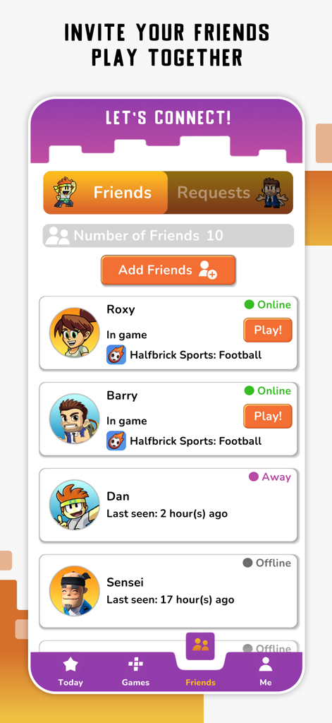Halfbrick+ Games with Friends - Halfbrick plus app friends list interface showing online status and active games