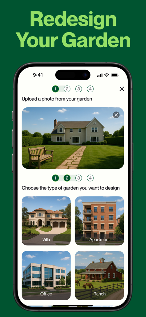 AI Garden Design app interface showing photo upload and property type selection.