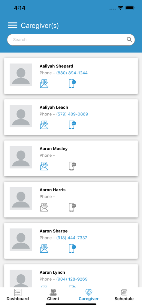 CareSmartz360 Agency App - Mobile screen of the CareSmartz360 Agency App showing a searchable list of caregivers with direct contact icons for email and messaging