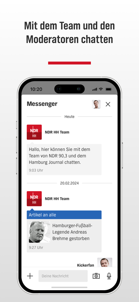 NDR Hamburg - Messenger screen in the NDR Hamburg app showing a chat conversation with the NDR team