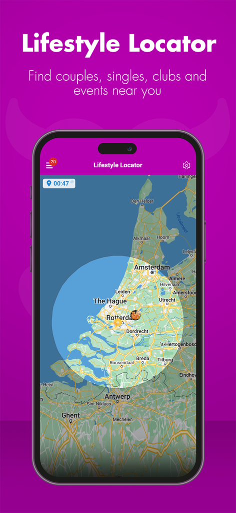 SpicyMatch - Funzione Lifestyle Locator dell'app SpicyMatch che mostra una mappa GPS per trovare coppie, single e club nelle vicinanze.