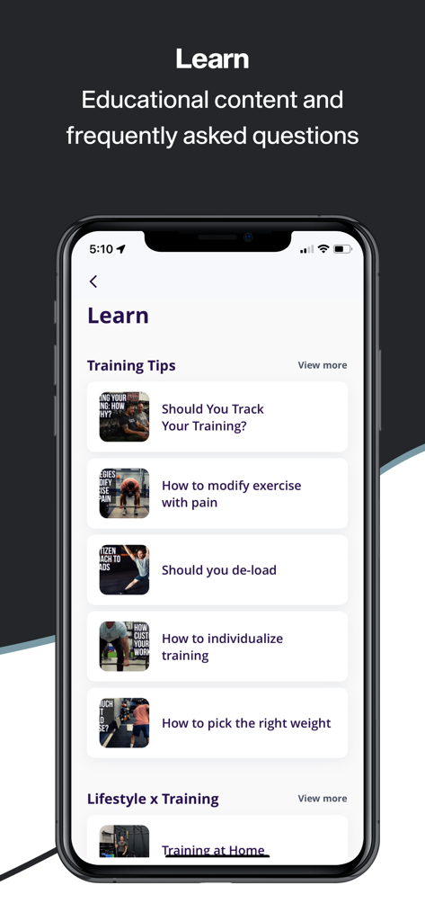 Citizen Athletics v2 - Educational screen of Citizen Athletics app with articles on training tips and exercise modification
