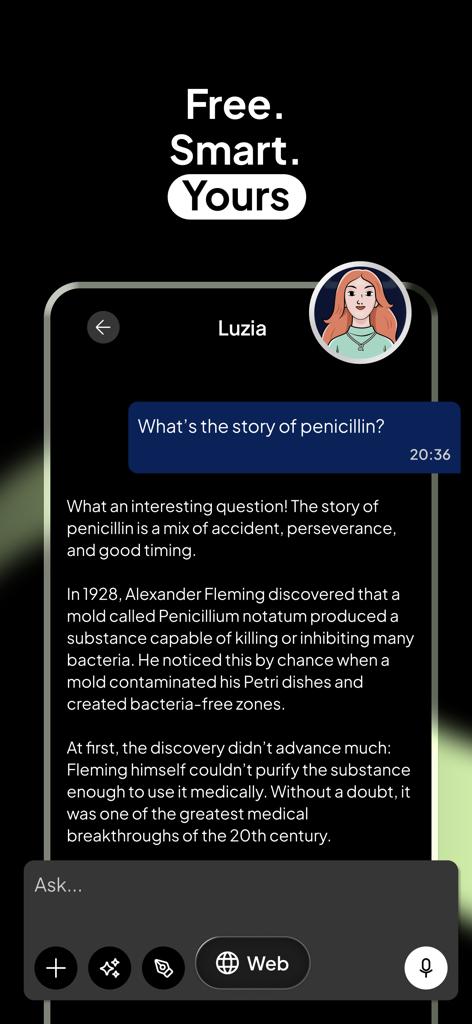 Mobile chat interface of Luzia AI assistant explaining the history of penicillin discovery