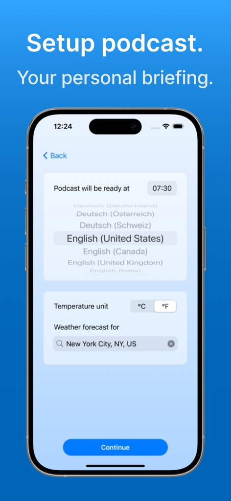 Personal news podcast setup screen in Feed Viewer RSS Reader showing language and weather options