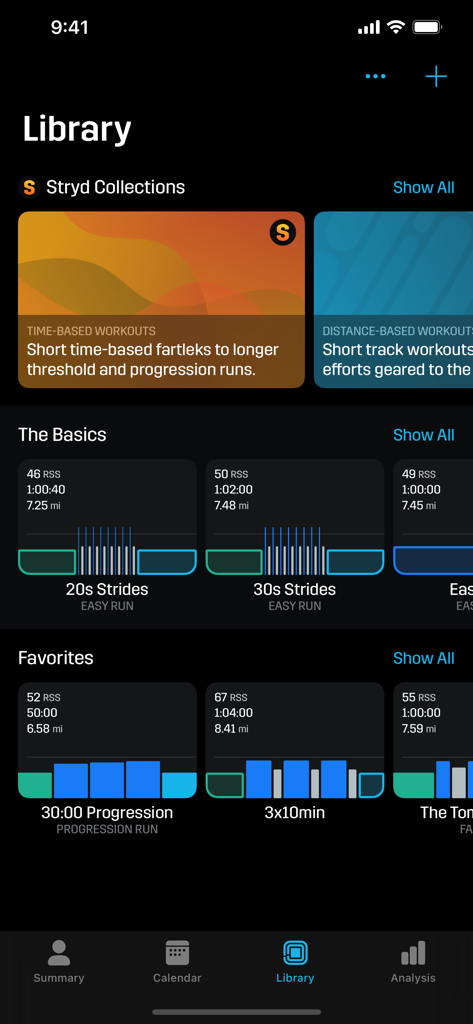 Strydアプリのワークアウトライブラリインターフェース。パーソナライズされたトレーニングセッションとランニングデータグラフのコレクションが表示されています。